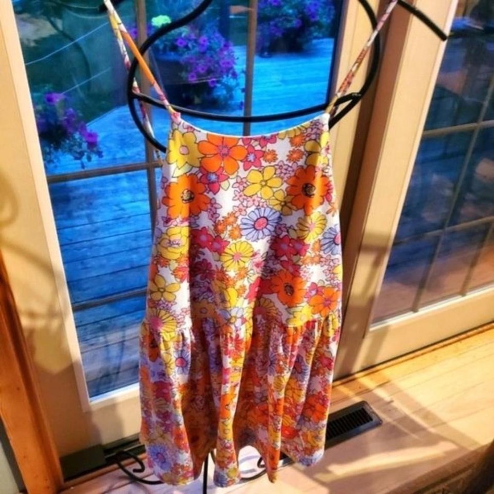Emma & Michele UpcycledFloral Mini Dress L Orange Yellow 70s Retro Psychedelic